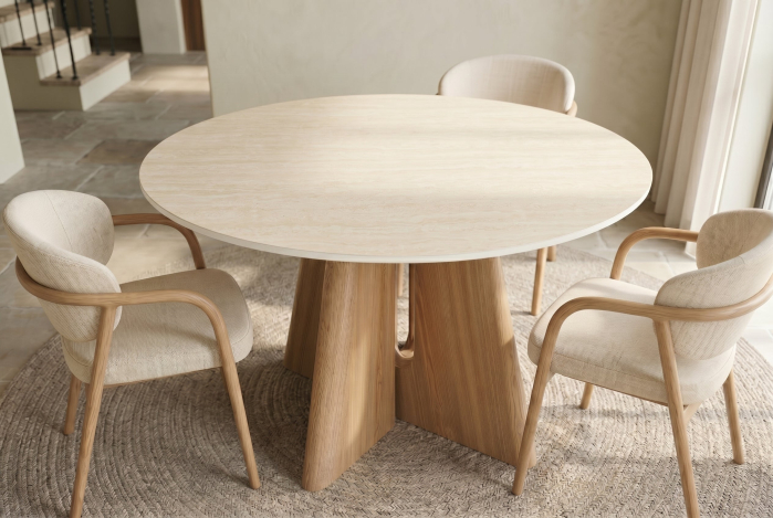Masă de dining ORGANIKO rotundă de 120 cm, placată cu lemn de stejar, cu blat din ceramică cu aspect de travertin [3]