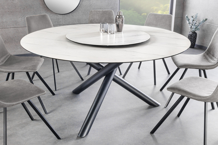 Masă de dining SPIN Ø 150cm cu platou detașabil ceramic aspect marmură alb [3]