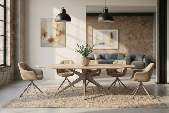 Masă de dining TRAVERTIN 220 cm ovală, ceramică, culoare șampanie-greige [10]