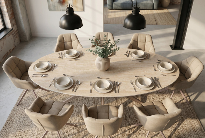 Masă de dining TRAVERTIN 220 cm ovală, ceramică, culoare șampanie-greige [4]