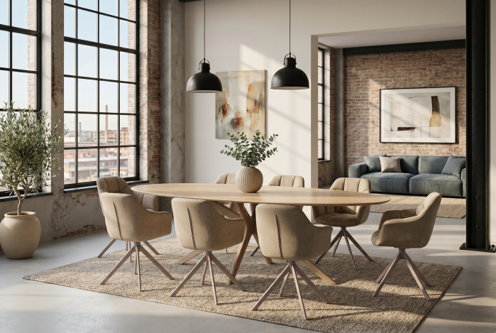 Masă de dining TRAVERTIN 220 cm ovală, ceramică, culoare șampanie-greige [3]