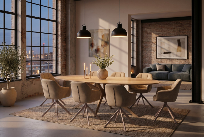 Masă de dining TRAVERTIN 220 cm ovală, ceramică, culoare șampanie-greige [7]