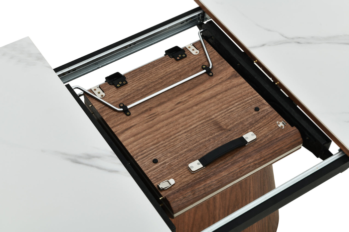 Masă de dining UNIQUE 160-200cm extensibilă, aspect lemn de nuc închis, blat din ceramică albă și marmură [5]