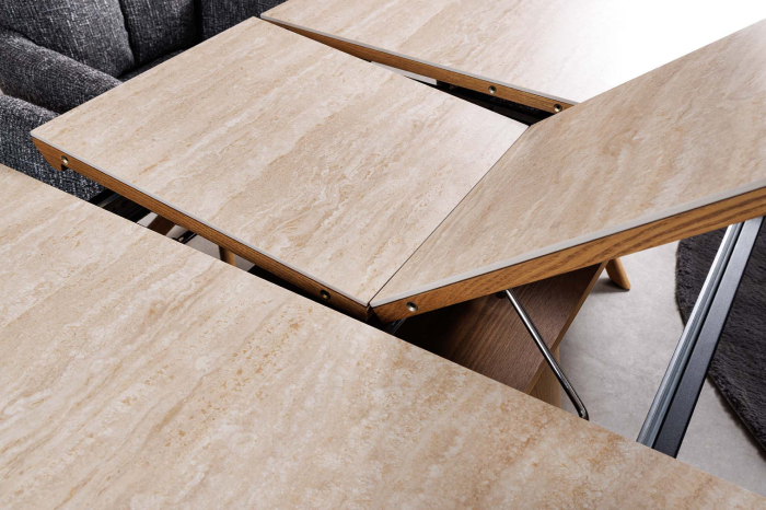 Masă de dining UNIQUE 160-200cm extensibilă, blat ceramic aspect lemn de stejar, travertin [5]