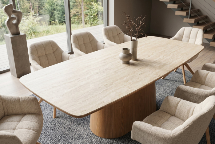 Masă de dining UNIQUE 200 cm, placată cu lemn de stejar, cu blat din ceramică cu aspect de travertin și picior central [3]