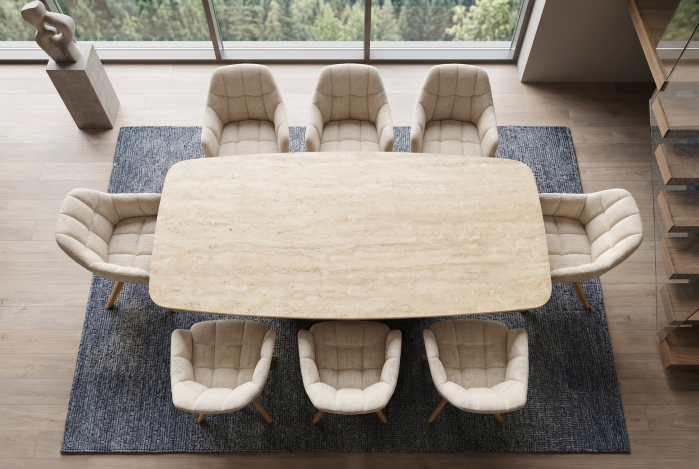 Masă de dining UNIQUE 200 cm, placată cu lemn de stejar, cu blat din ceramică cu aspect de travertin și picior central [5]