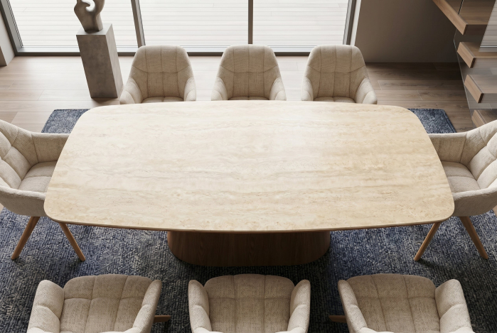 Masă de dining UNIQUE 200 cm, placată cu lemn de stejar, cu blat din ceramică cu aspect de travertin și picior central [4]