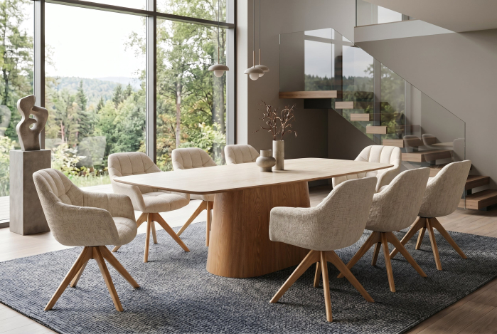 Masă de dining UNIQUE 200 cm, placată cu lemn de stejar, cu blat din ceramică cu aspect de travertin și picior central [2]