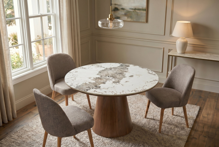 Masă de dining UNIQUE, rotundă, de 120 cm, din lemn de stejar furniruit, cu blat din ceramică Pandora cu aspect de marmură și picior central [3]