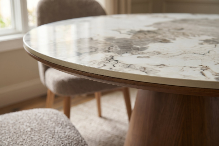 Masă de dining UNIQUE, rotundă, de 120 cm, din lemn de stejar furniruit, cu blat din ceramică Pandora cu aspect de marmură și picior central [4]