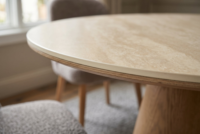 Masă de dining UNIQUE, rotundă, de 120 cm, placată cu furnir de stejar, cu blat din ceramică cu aspect de piatră travertin și picior central [4]