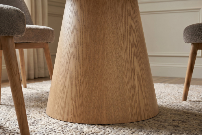 Masă de dining UNIQUE, rotundă, de 120 cm, placată cu furnir de stejar, cu blat din ceramică cu aspect de piatră travertin și picior central [5]