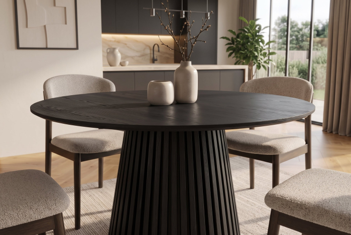 Masă de dining VALHALLA WOOD Ø 120 cm, rotundă, cu picior canelat, placată cu lemn de stejar negru [3]
