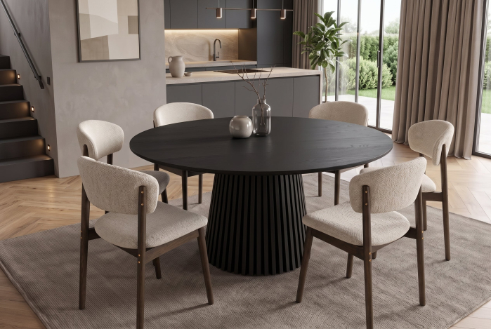 Masă de dining VALHALLA WOOD Ø 140 cm, rotundă, cu picior canelat, placată cu lemn de stejar negru [3]
