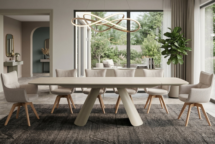 Masă de dining VOGUE 160-240 cm extensibilă, blat din ceramică travertin bej cu cadru metalic gri-bej [2]