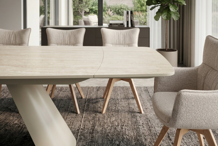 Masă de dining VOGUE 160-240 cm extensibilă, blat din ceramică travertin bej cu cadru metalic gri-bej [8]