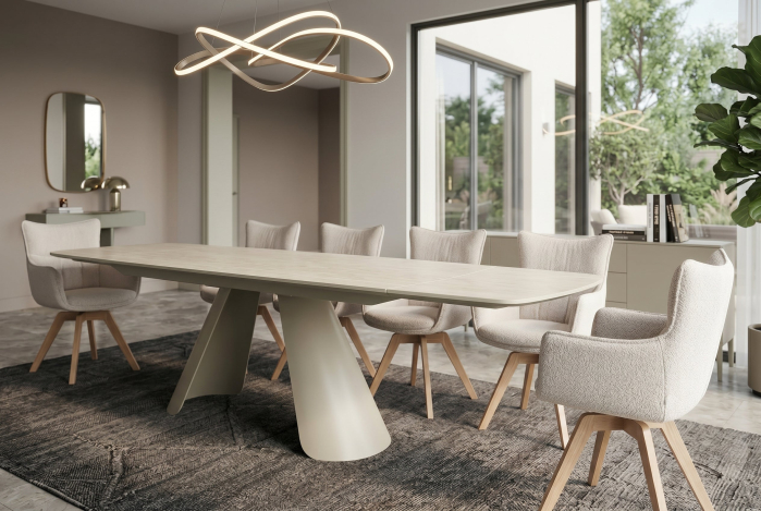 Masă de dining VOGUE 160-240 cm extensibilă, blat din ceramică travertin bej cu cadru metalic gri-bej [4]