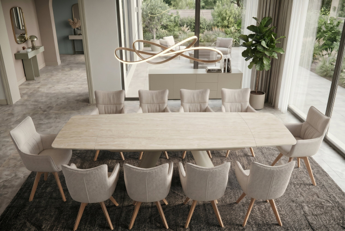 Masă de dining VOGUE 160-240 cm extensibilă, blat din ceramică travertin bej cu cadru metalic gri-bej [6]