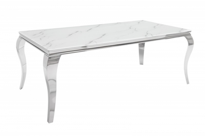 Masa dining Barock cu blat din sticla opal si picioare din otel inoxidabil argintiu, 180 cm [6]