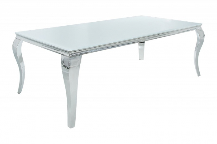 Masa dining Barock cu blat din sticla opal si picioare din otel inoxidabil argintiu, 200 cm [1]
