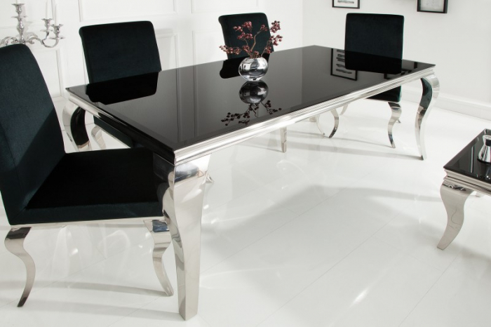 Masa dining Barock cu blat din sticla opal si picioare din otel inoxidabil argintiu, 180 cm [3]