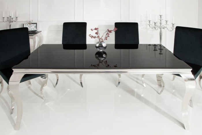 Masa dining Barock cu blat din sticla opal si picioare din otel inoxidabil argintiu, 180 cm [2]