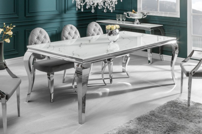 Masa dining Barock cu blat din sticla opal si picioare din otel inoxidabil argintiu, 180 cm [2]