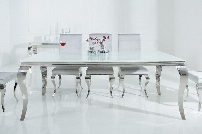 Masa dining Barock cu blat din sticla opal si picioare din otel inoxidabil argintiu, 200 cm [3]