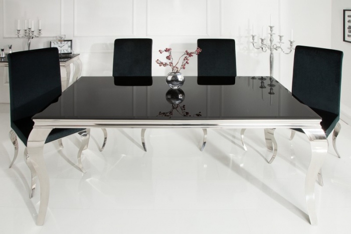 Masa dining Barock cu blat din sticla opal si picioare din otel inoxidabil argintiu, 180 cm [2]