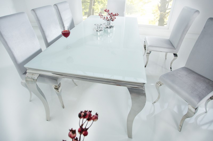 Masa dining Barock cu blat din sticla opal si picioare din otel inoxidabil argintiu, 200 cm [4]