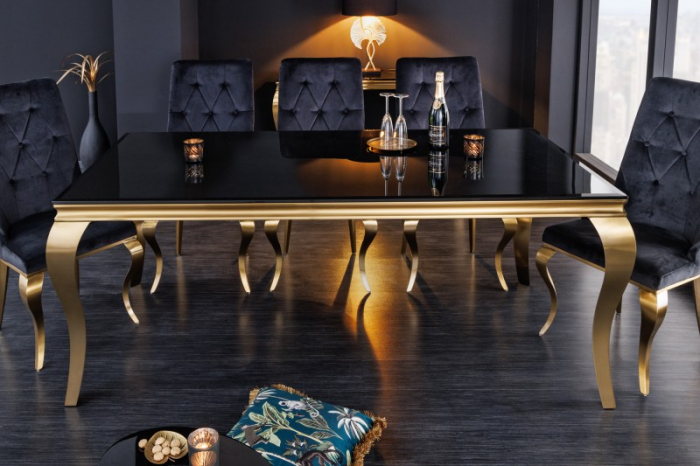 Masa dining Barock cu blat din sticla opal si picioare din otel inoxidabil auriu, 180 cm [3]