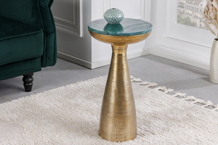 Masă laterală ELEMENTS 55cm aurie cu farfurie detașabilă din marmură verde [2]