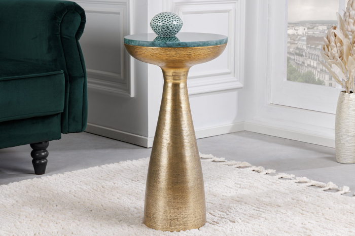Masă laterală ELEMENTS 55cm aurie cu farfurie detașabilă din marmură verde [3]
