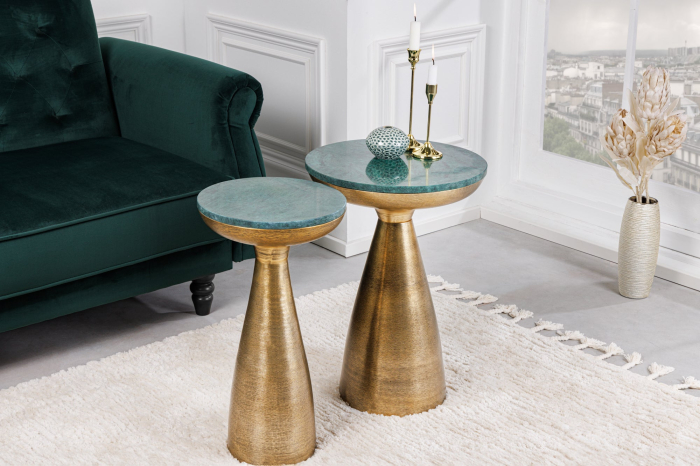 Masă laterală ELEMENTS 55cm aurie cu farfurie detașabilă din marmură verde [4]
