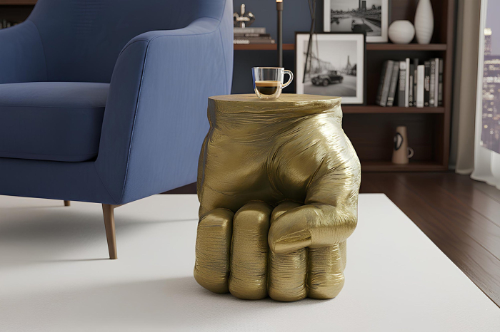 Masă laterală FIST 50cm rotundă, sculptură lucrată manual ,aurie [2]