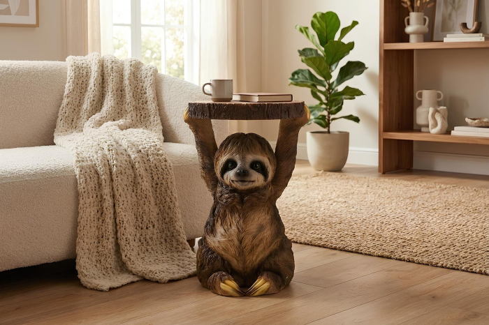 Masă laterală SLOTH 50cm sculptură cu leneș , lucrată manual , gri maro. [2]