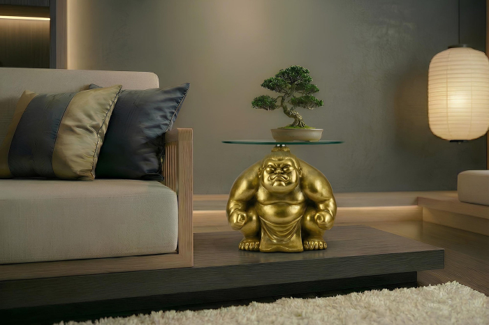 Masă laterală SUMO 30cm rotundă cu blat din sticlă , aurie. [2]