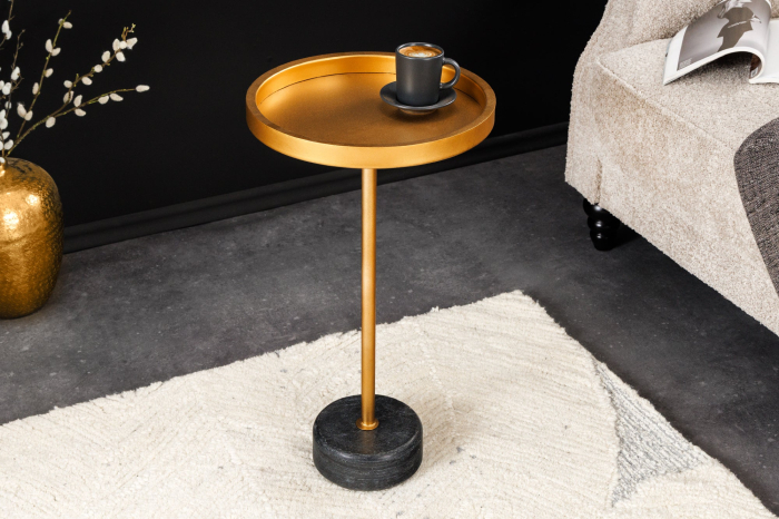 Masă laterală TRAYFUL 60cm,bază din marmură gri,cadru și blat auriu [2]