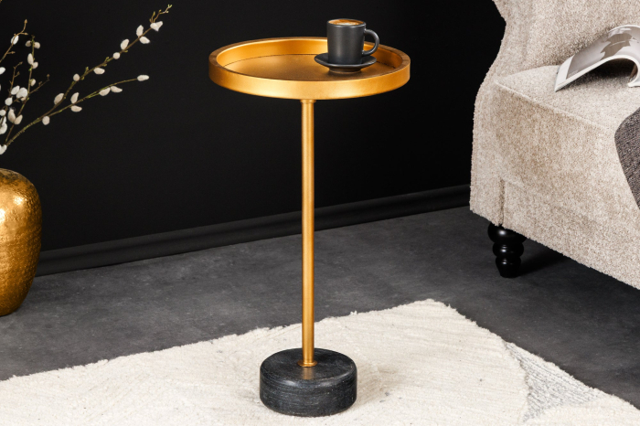 Masă laterală TRAYFUL 60cm,bază din marmură gri,cadru și blat auriu [3]