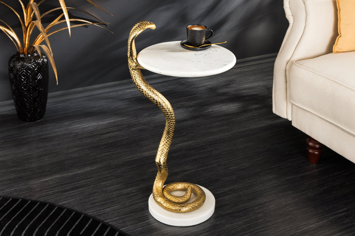 Masă laterală WILDLIFE COBRA 60cm aurie cu marmură albă  [9]