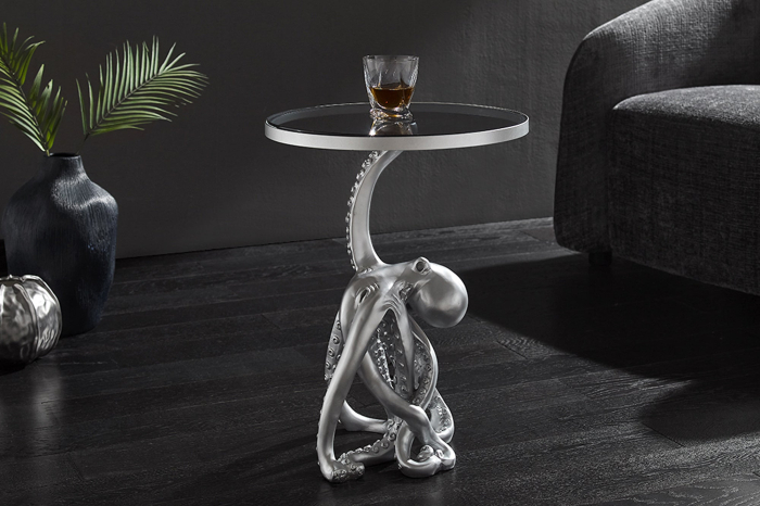 Masă laterală WILDLIFE OCTOPUS 55cm,blat din sticlă iluminată,argintie cu benzi LED [3]