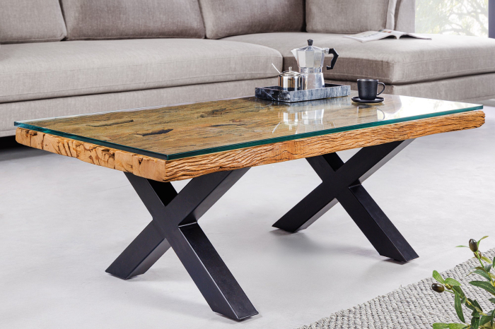 Masuta de cafea BARRACUDA din lemn reciclat de tec si blat din sticla, 110 cm [2]