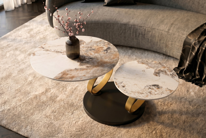Măsuță de cafea DANCING RINGS 80-135 cm rotundă, rotativă, cu inele Pandora din ceramică auriu mat [9]