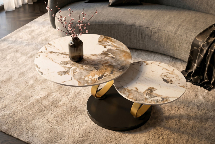 Măsuță de cafea DANCING RINGS 80-135 cm rotundă, rotativă, cu inele Pandora din ceramică auriu mat [4]