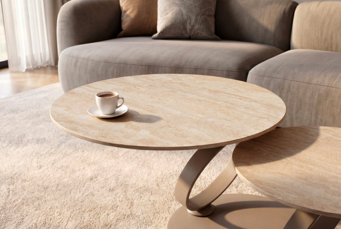 Măsuță de cafea DANCING RINGS 80-135 cm rotundă, rotativă, din ceramică travertin, culoare șampanie-greige [5]