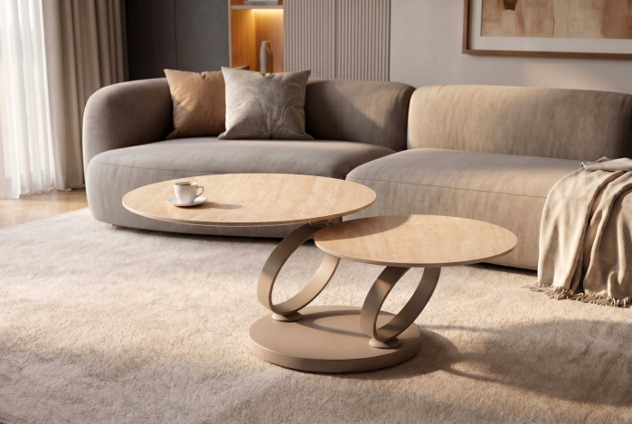 Măsuță de cafea DANCING RINGS 80-135 cm rotundă, rotativă, din ceramică travertin, culoare șampanie-greige [2]
