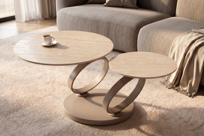 Măsuță de cafea DANCING RINGS 80-135 cm rotundă, rotativă, din ceramică travertin, culoare șampanie-greige [6]