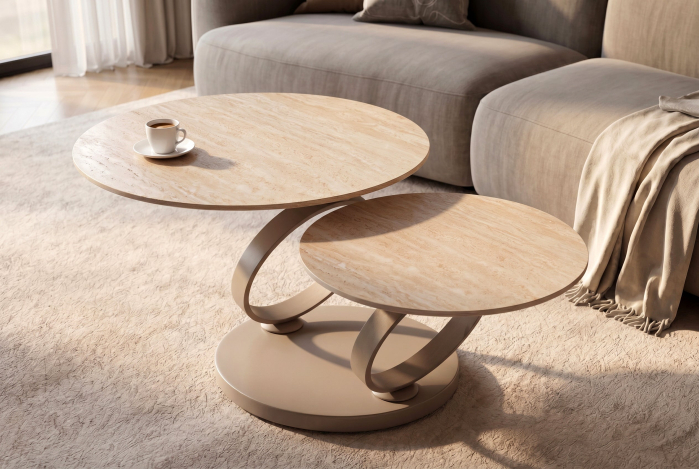 Măsuță de cafea DANCING RINGS 80-135 cm rotundă, rotativă, din ceramică travertin, culoare șampanie-greige [4]