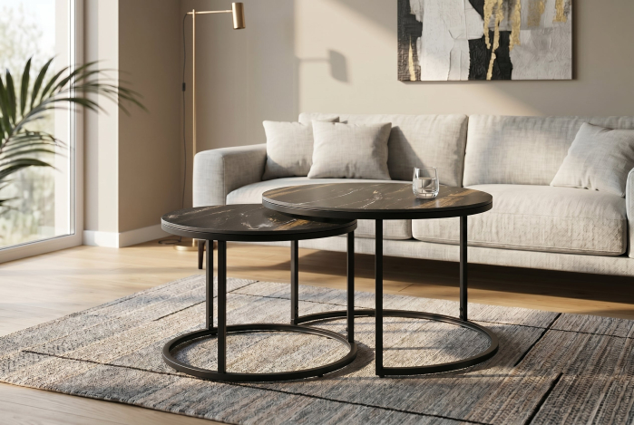 Măsuță de cafea ELEGANCE 75 cm, set de 2, ceramică Aurora Oro, negru cu nisip auriu [2]
