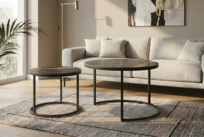 Măsuță de cafea ELEGANCE 75 cm, set de 2, ceramică Aurora Oro, negru cu nisip auriu [3]